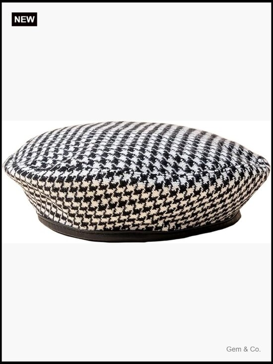 Houndstooth Newsboy Hat - Adjustable Drawstring Beret
